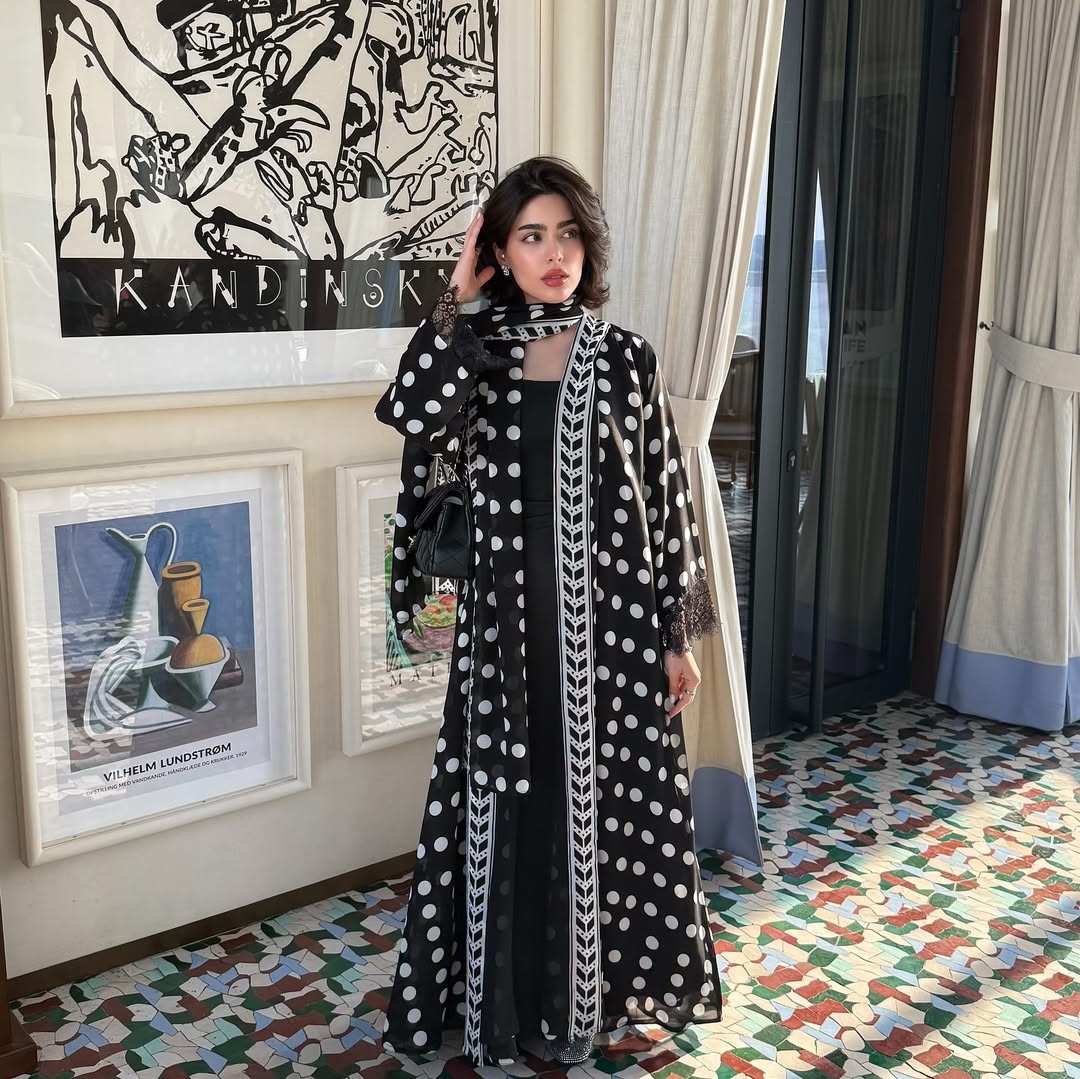 Polka Dot Chiffon Lace Abaya With Hijab Detail