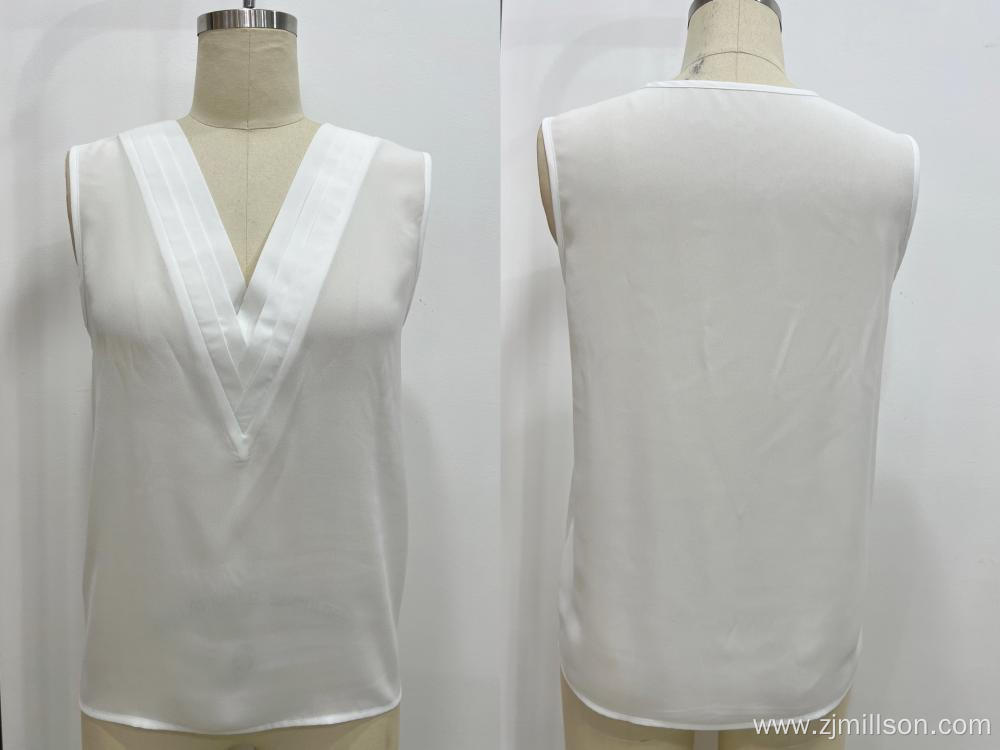 Solid Color V Neck Chiffon Lady's Sleeveless Top