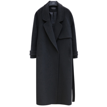 Women's Woolen Blended Coat Autumn Winter Black Long Cashmere Woolen Coat Large Size Female Thick Warm Belt Wool Jacket A191