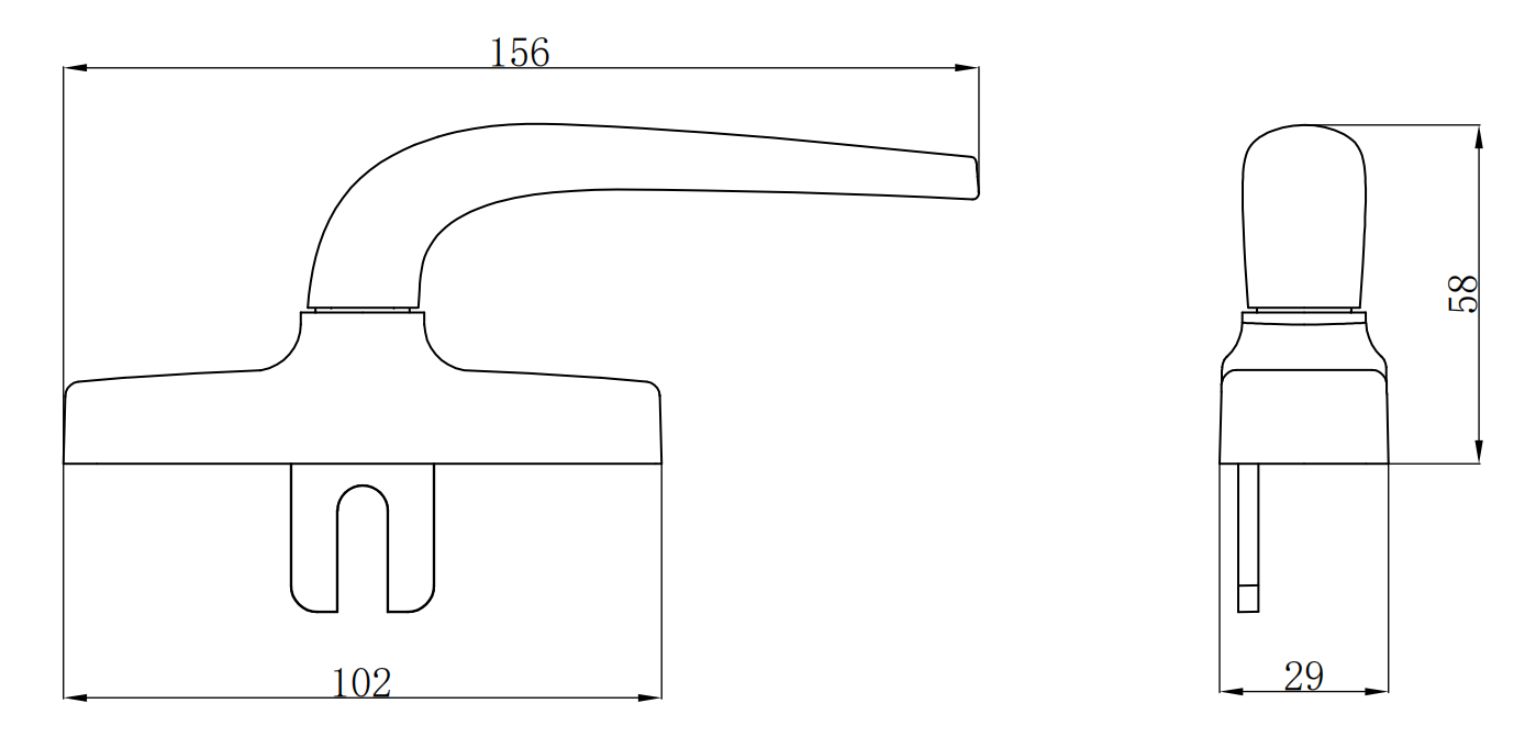 BC335 aluminum window handle technical drawing showing lever length, base width, and fixing dimensions