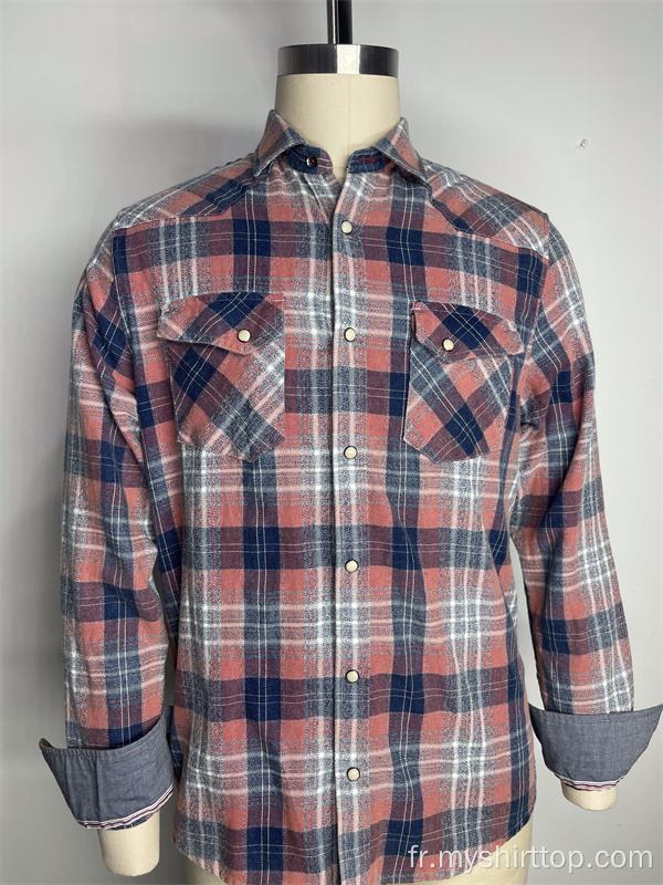 Bouton Double Pocket Plaid Long Manches