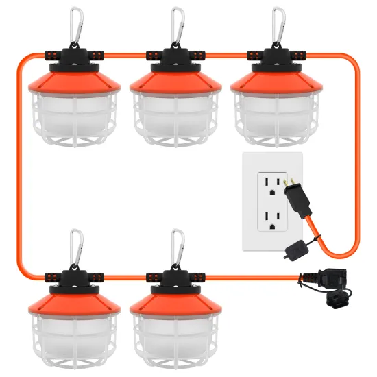 10500 Lumen Heavy Duty Construction String Lighting: 50ft SJTW Cable, 75W Work Light with Explosion-Proof Cage