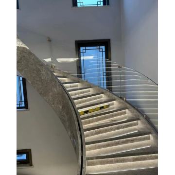 درابزين زجاجي أبيض للغاية من الرخام والدرج المنحني والدرج الحلزوني والدرج LED