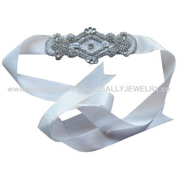 Skinny White Ribbon Bridal Sashes, Made of Glass Beads, Rhinestone and Ribbon