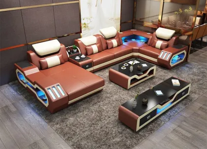 Modern Smart Leather Sofa Set with Built-in USB Music Speaker
