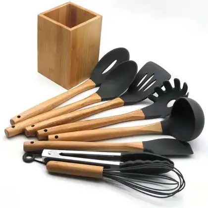 Bamboo Handle Silicone Kitchen Cooking Utensil Sets