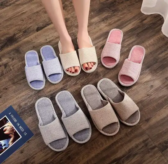 Factory-Price Linen Striped Slippers for Women and Men: Spring & Summer Indoor House Shoes