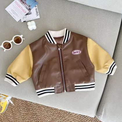 Children's Bear Embroidered Leather Jacket