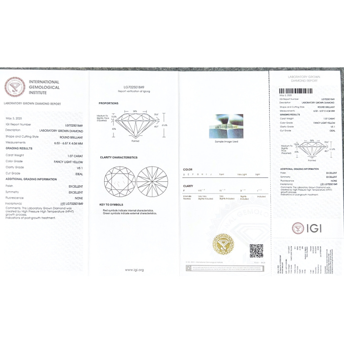 เพชร 1.07CT Fancy LightI Yellow Lab เพชร I VS1 2EX