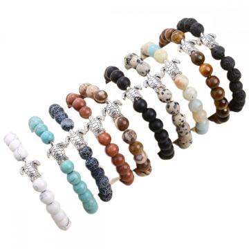 8MM Gemstone Round Beads with Silver Plated Turtle Charm Bracelet