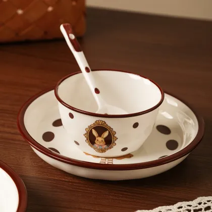 Vintage Peter Rabbit Easter Bunny Dinner Set - Microwave Safe Ceramic Plate, Bowl, Spoon, and Cup for One