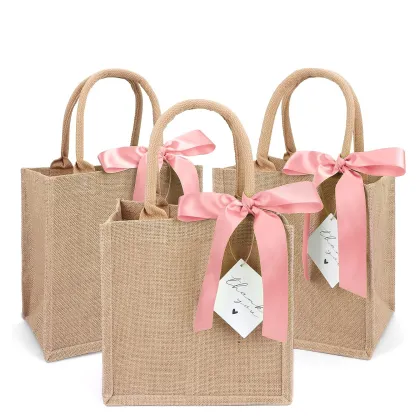 Wholesale Pink Ribbon Logo Tote Bags Made of Hessian Burlap Jute