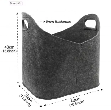 Dark Grey Felt Storage Bins with Wood Handles - Foldable Toy Book Hamper Organizers for Home and Office