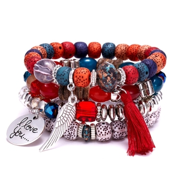 Wholesale Women's Bohemian Bracelet Set: Vintage Style Charm Tassel Wing Pendant with Colorful Acrylic Bodhi Beads
