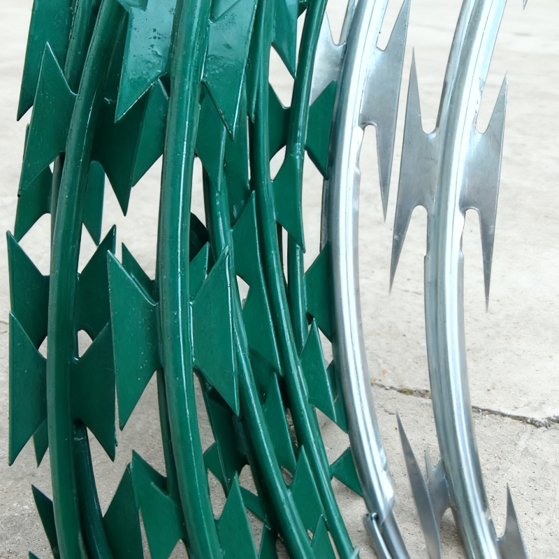 ANJIA Group green PVC coated CBT-60 razor wire coil side texture detail for airport perimeter security