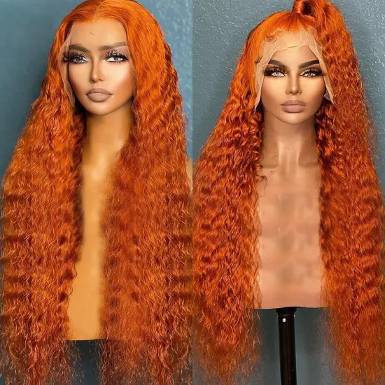 12-34 Inch Deep Curly Brazilian HD Transparent Deep Wave Wig Ginger Orange 360 Full Lace Front