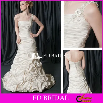 Duchess Satin Wedding Gowns Trumpet Mermaid Beaded Appliques One Shoulder Ruched Bridal Dresses with Ruffle Skirt