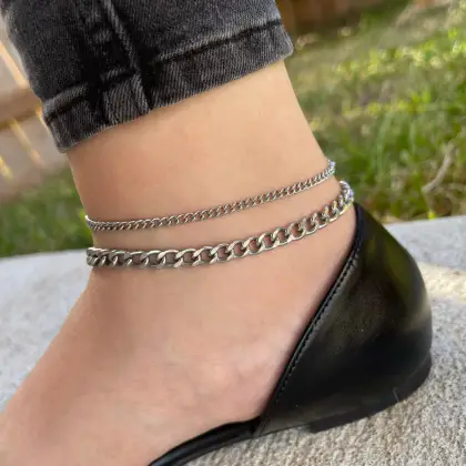Ins Style Silver Plated Stainless Steel Miami Cuban Chain Anklet and Bracelet for Unisex