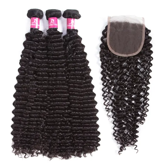 Royce 100% Virgin Human Hair Peruvian Hair Bundles with Closure Deep Curly