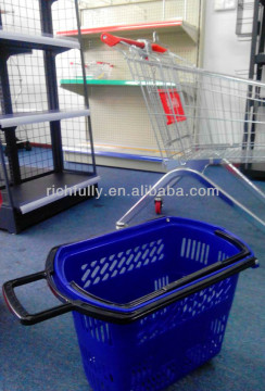 Wholesale 45L Supermarket plastic shopping basket with castors & handle
