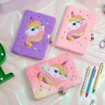 New Cute Fluffy Unicorn Lock Diaries and Princess Notebooks for Children