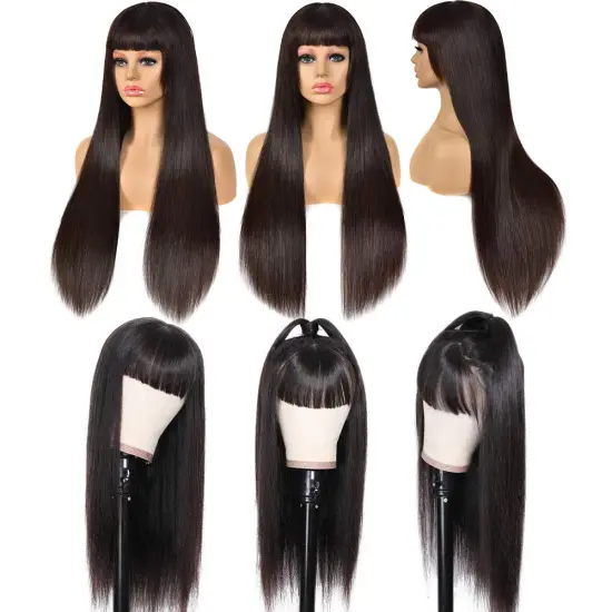 Dropshipping Wholesale Remy Brazilian Straight Full Machine Made Wig With Bangs Natural Color No Lace Human Hair Wigs For Women
