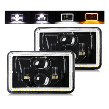 4x6 LED Headlight Halo Ring Rectangle Square Sealed Beam DRL Turn Lamp for Kenworth Truck