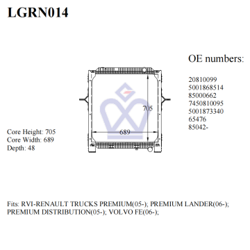 Renault truck radiator, 20810099, 5001868514, 85000662, 65476, LGRN014