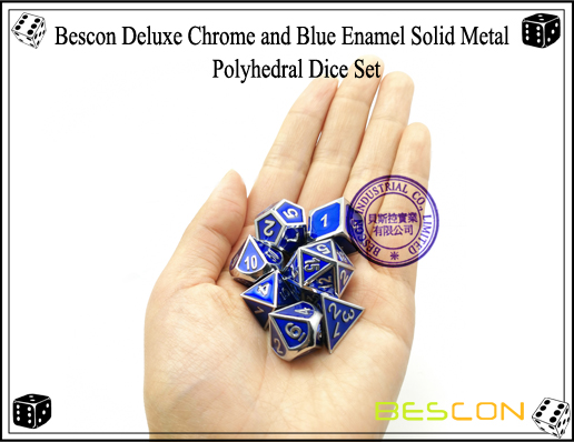 Bescon Deluxe Chrome and Blue Enamel Solid Metal Polyhedral Role Playing RPG Game Dice Set (7 Die in Pack)-7