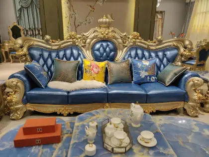 luxury wooden carved furniture leather European sofa