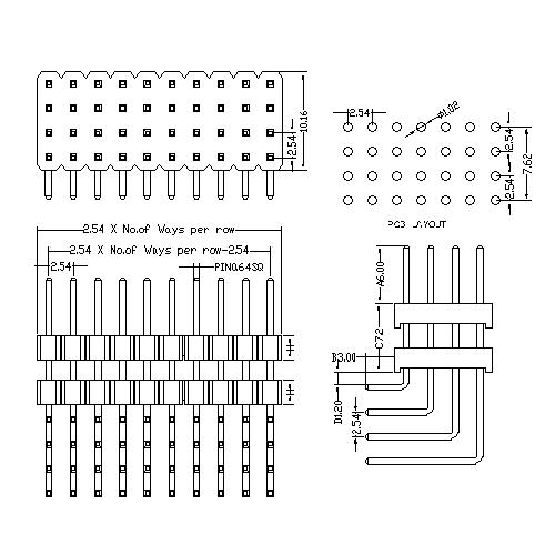 2.54 mm Pin Header Four Row Double Plastic Angle Type PHER12-XXF