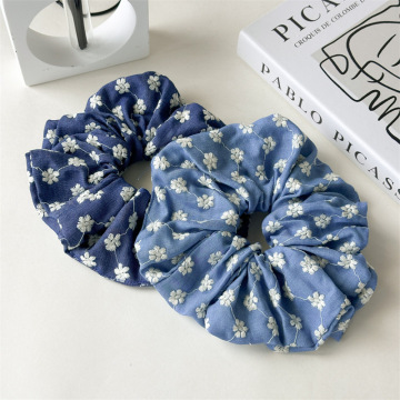 French Romantic Vintage Blue Floral Embroidery Scrunchies