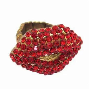 Charm Red Lip Ring, Made of Gold Stretch Alloy/Siam Diamond Ring