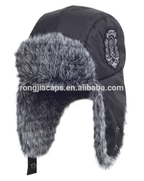 black cotton winter hat with synthetic fur and patch embroidered