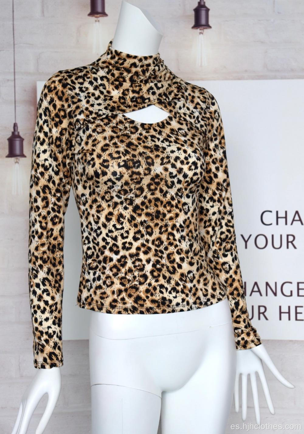 Top de manga larga con estampado de leopardo sexy para mujer