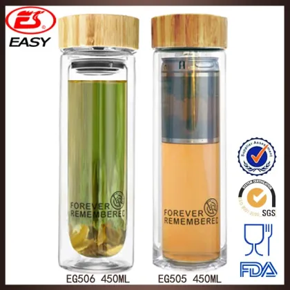 2016 tea infuser double wall clear voss water glass bottle wholesale with bamboo cap