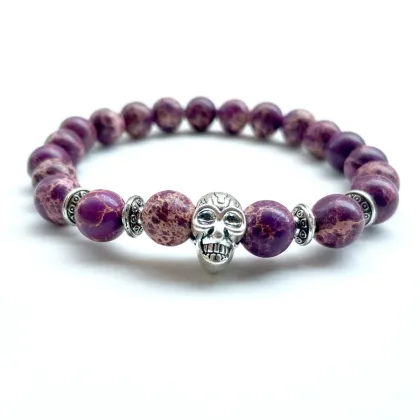 Imperial Jasper Skull Bracelet: 7 Chakra Natural Gemstone Bead Bangle Jewelry for Men and Women