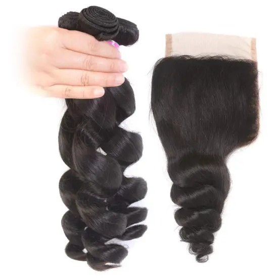 loose wave peruvian hair with closure, cuticle aligned hair, human hair weave three bundles and closures