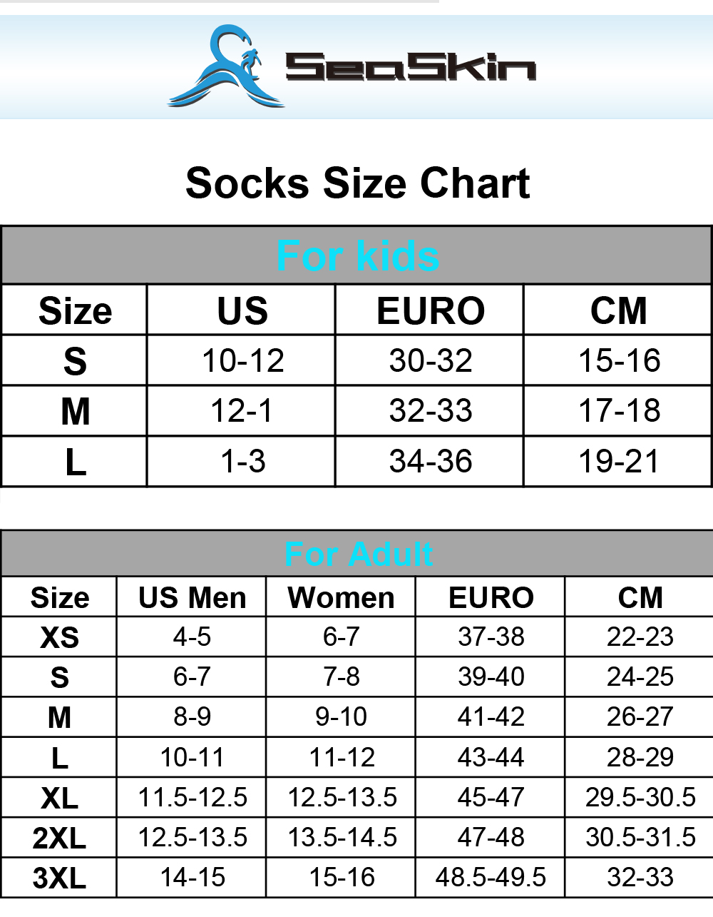 Seaskin socks size chart Seaskin socks size chart