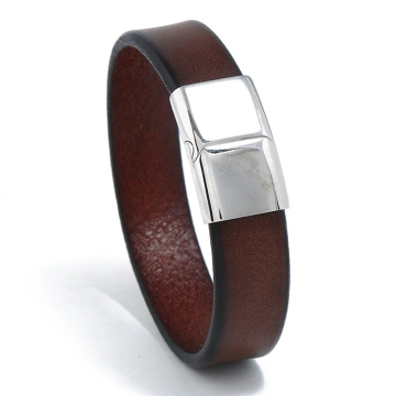 Stylish Vintage Men's Stainless Steel Cuff Bracelet with Genuine Leather Wristband
