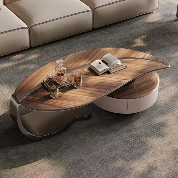 Table basse en bois nidium moderne avec tiroir en or et dessus de noyer antique