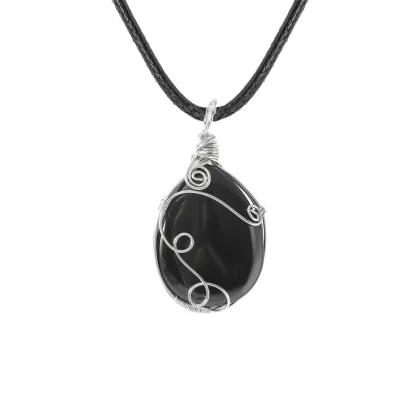Black Obsidian 25x35MM Teardrop Wrapped Steel Wire Stone Pendant (28X50MM)