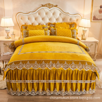 Quilted lace crystal velvet printed bedskirt sheet set