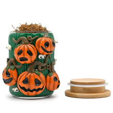 Ձեռագործ հունցող պոլիմերային կավե ծաղկաման Հելոուին դդումով, բորոսիլիկատ ապակու ծխող մոխրաման, ծխախոտի բանկա բամբուկով կափարիչով