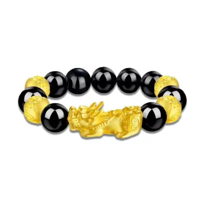 Custom 999 Pure Gold Fengshui Pixiu Bracelet with Black Obsidian for Wealth and Luck