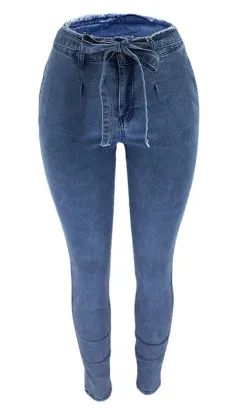 High Quality Raw Edge Denim Lace-up Mid Waisted Skinny Jeans for Women