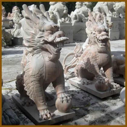 Professional factory hand carved sunset red stone kylin chinese dragon statue