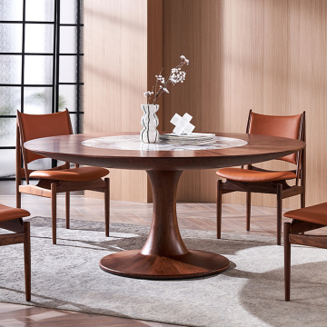 Modern Solid Wood Round Dining Table with Embedded Turntable in Black Walnut - Art Furniture