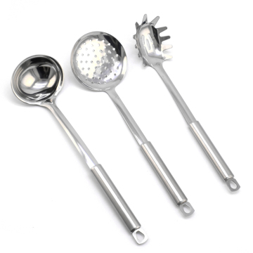 Shiny 304 Stainless Steel Utensil Set with Soup Ladle, Skimmer, and Spaghetti Fork Spoon