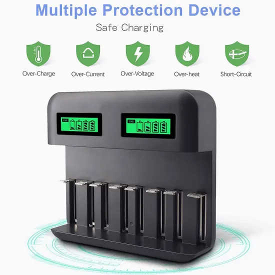 8-Slot Battery Charger USB Powered AA/AAA/C/D Rechargeable Battery Charger with LCD Display